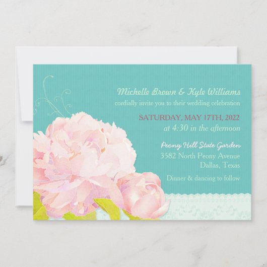Watercolor Peony Lagoon Green Wedding Einladung (Vorderseite)