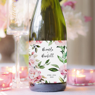 Watercolor Peony Magnolia Pink Wedding Schaumweinetikett