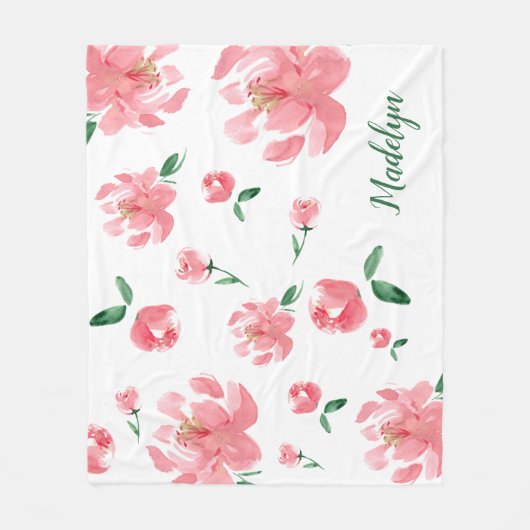 Watercolor Peonys Green Script Individuelle Name Fleecedecke (Vorderseite)