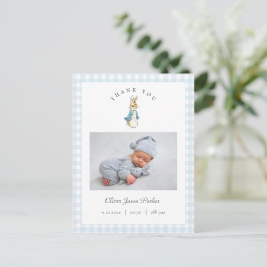 Watercolor Peter Rabbit Boy Birth Announcement Postkarte (Stehend Vorderseite)