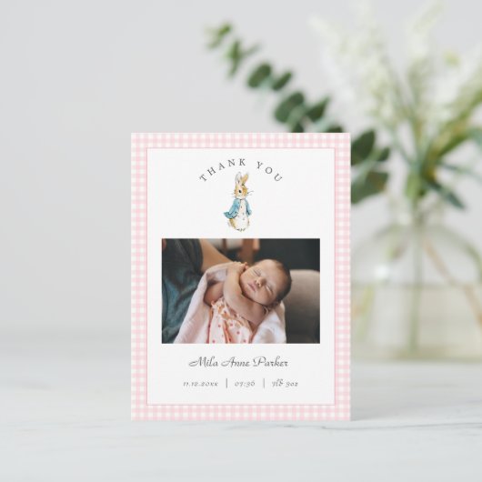 Watercolor Peter Rabbit Girl Birth Announcement Postkarte (Stehend Vorderseite)
