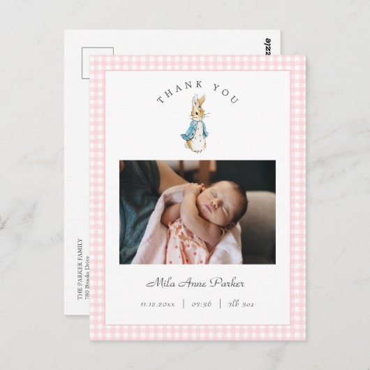 Watercolor Peter Rabbit Girl Birth Announcement Postkarte (Vorne/Hinten)