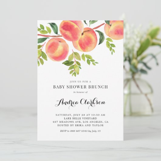 Watercolor Pfirsiche Summer Baby Dusche Brunch Einladung (Stehend Vorderseite)