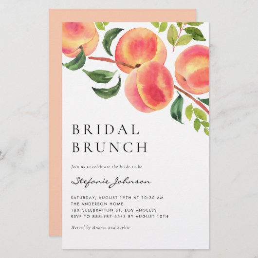 Watercolor Pfirsiche Summer Bridal Brunch (Vorne/Hinten)