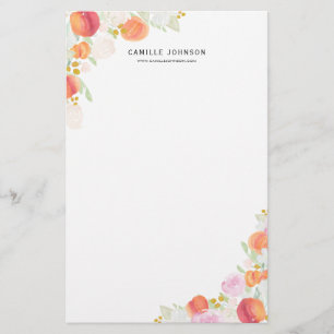 Watercolor-Pfirsiche und Blumen personalisiert Briefpapier