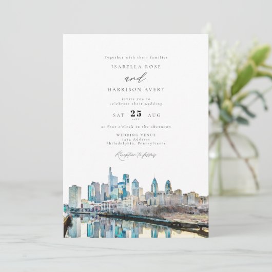 Watercolor Philadelphia Pennsylvania City Wedding Einladung (Stehend Vorderseite)