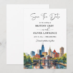 Watercolor Philadelphia Pennsylvania Skyline Save The Date