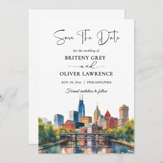 Watercolor Philadelphia Pennsylvania Skyline Save The Date (Vorne/Hinten)
