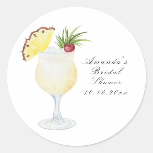 Watercolor Pina Colada Cocktail Bridal Shower Runder Aufkleber (Vorderseite)