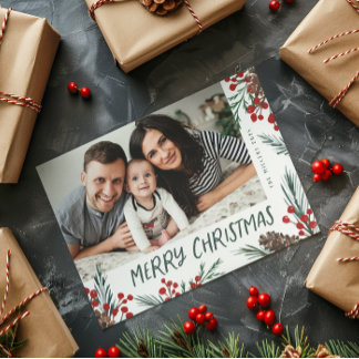 Watercolor pine and Berry Botanical photo Feiertagskarte