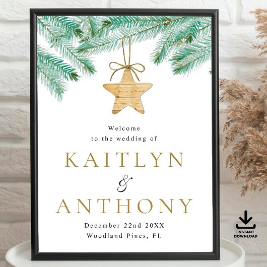Watercolor Pine Boughs Winter Wedding Willkommen Poster