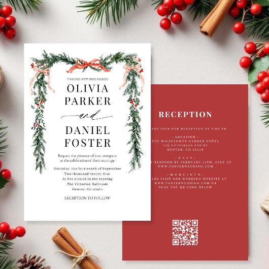 Watercolor Pine Bow Christmas QR Code Wedding Einladung
