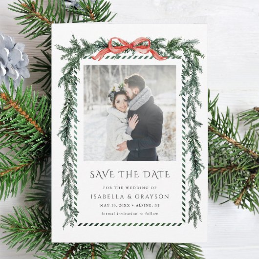 Watercolor Pine Garland Wedding Photo Save The Date