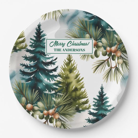 Watercolor Pine Muster Elegante Winter Pappteller (Vorderseite)