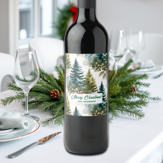 Watercolor Pine Muster Elegante Winter Weinetikett
