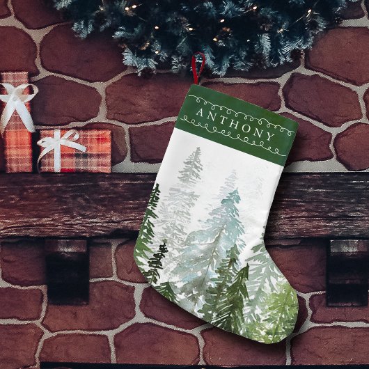 Watercolor Pine Tree Forest Custom Name Kleiner Weihnachtsstrumpf