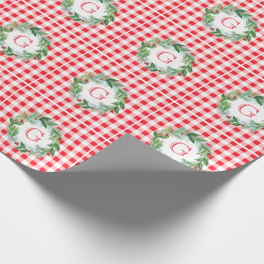 Watercolor Pine Wreath MONOGRAM Red Check Geschenkpapier (Ecke)
