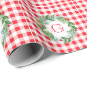 Watercolor Pine Wreath MONOGRAM Red Check Geschenkpapier (Rolleneckpunkt)