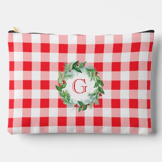 Watercolor Pine Wreath MONOGRAM Red Check LG Zubehörtasche (Vorderseite)