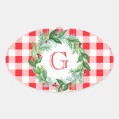 Watercolor Pine Wreath MONOGRAM Red Check Ovaler Aufkleber (Vorderseite)