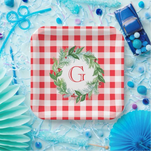 Watercolor Pine Wreath MONOGRAM Red Check Pappteller (Party)