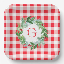Watercolor Pine Wreath MONOGRAM Red Check Pappteller