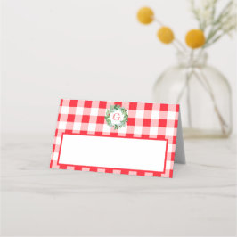 Watercolor Pine Wreath MONOGRAM Red Check Platzkarte