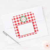 Watercolor Pine Wreath MONOGRAM Red Check Quadratischer Aufkleber (Umschlag)