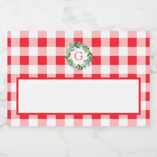 Watercolor Pine Wreath MONOGRAM Red Check  Schaumweinetikett (Einzelnes Label)