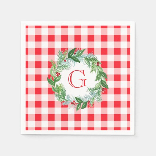 Watercolor Pine Wreath MONOGRAM Red Check Serviette (Vorderseite)