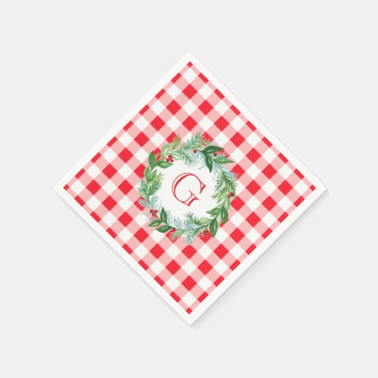 Watercolor Pine Wreath MONOGRAM Red Check  Serviette (Ecke)