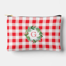 Watercolor Pine Wreath MONOGRAM Red Check Zubehörtasche
