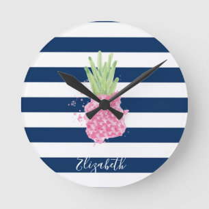 Watercolor Pineapple Tropical ,Navy Blue Striped   Runde Wanduhr