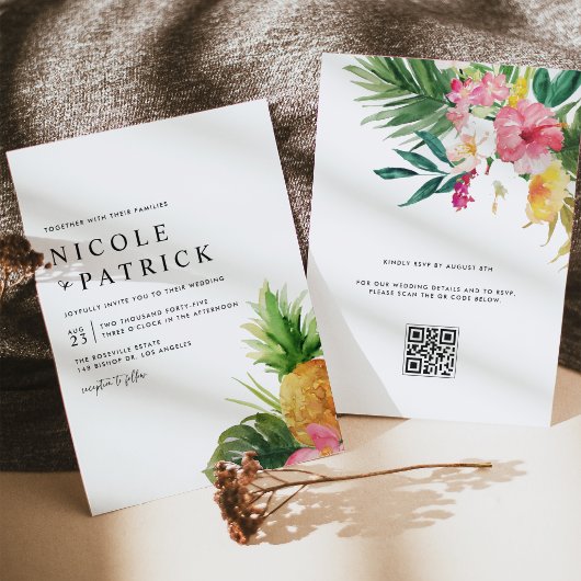 Watercolor Pineapple Tropical QR Code Wedding Einladung