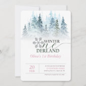 Watercolor Pinetree Winter Onderland 1st Birthday Einladung (Vorderseite)