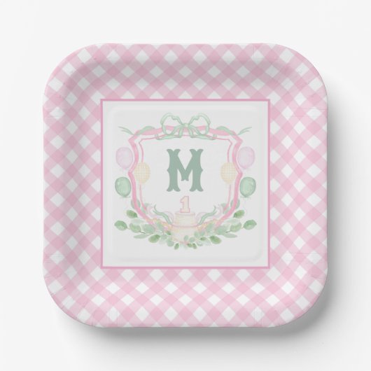 Watercolor Pink 1st Birthday Monogram Crest Party Pappteller (Vorderseite)