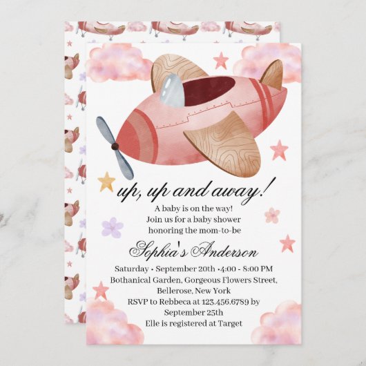 Watercolor Pink Airplane Baby Shower Invitation Einladung (Vorne/Hinten)
