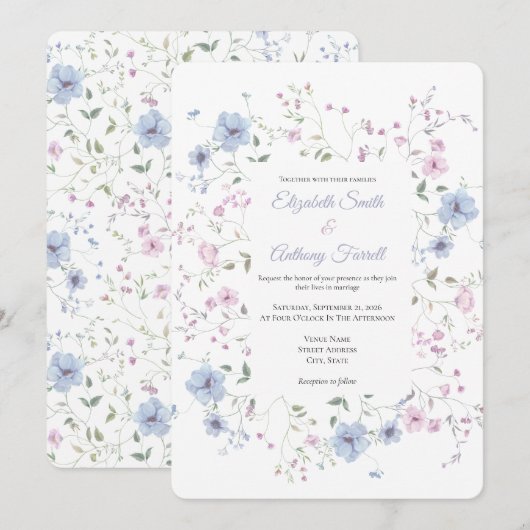 Watercolor Pink And Dusty Blue Botanical Wedding  Einladung (Vorne/Hinten)