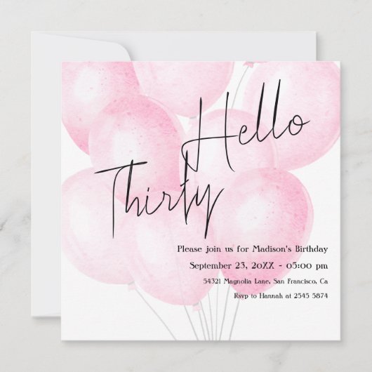 Watercolor Pink Balloons Birthday Invitation Einladung (Vorderseite)