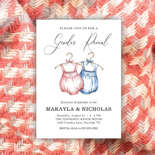 Watercolor pink blauen Baby Clothes Gender-Darstel Einladung