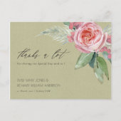 WATERCOLOR PINK BLUME GREEN FOLIAGE DANKE POSTKARTE (Vorderseite)