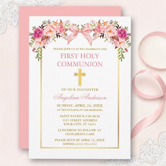 Watercolor Pink Blush Floral Bow Communion Einladung