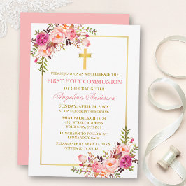 Watercolor Pink Blush Floral Communion Gold Einladung