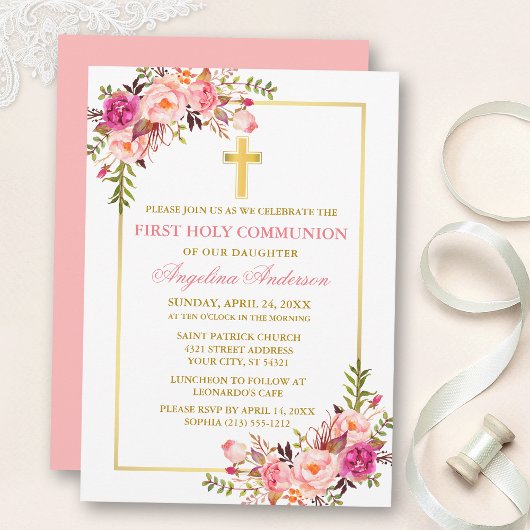 Watercolor Pink Blush Floral Communion Gold Einladung