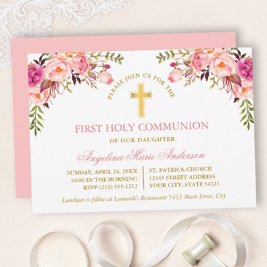 Watercolor Pink Blush Floral Gold Communion Einladung