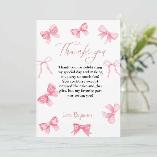 Watercolor Pink Bow Baby SHower Danke Karte (Stehend Vorderseite)