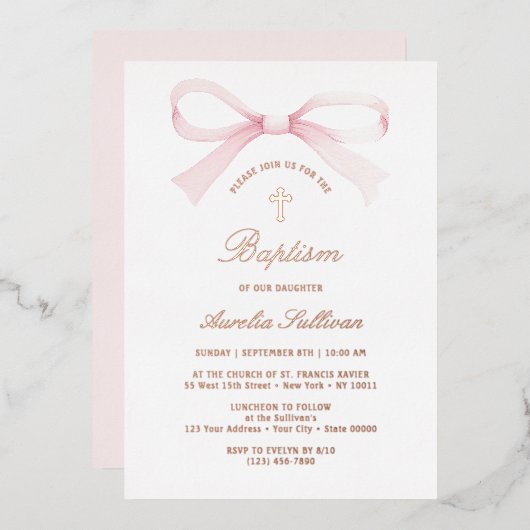 Watercolor Pink Bow Baptism Folieneinladung (Vorderseite/Rückseite)