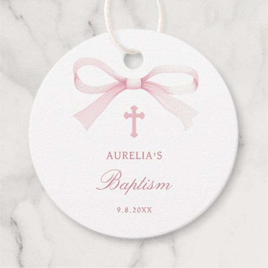 Watercolor Pink Bow Baptism Geschenkanhänger (Vorderseite)