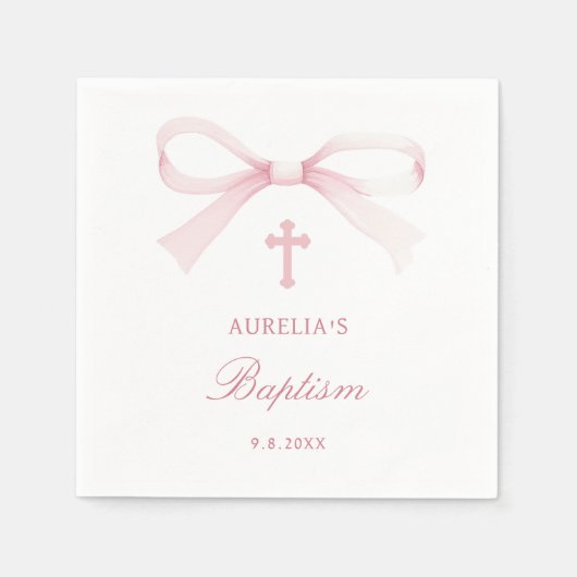 Watercolor Pink Bow Baptism Serviette (Vorderseite)