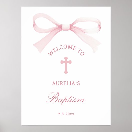 Watercolor Pink Bow Baptism Welcome Poster (Vorne)